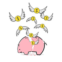 A broken saving money piggy bank, Dollars money coins with wings flying away. An overspending illustration idea for losing money, bankruptcy. Financial illustration