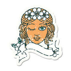 grunge sticker with banner of a maidens face winking