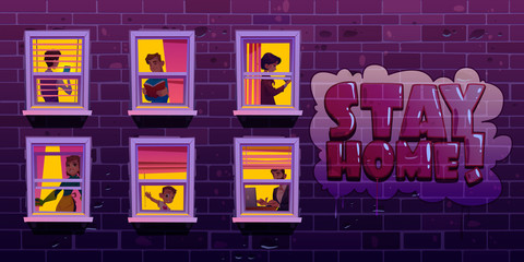 Stay home concept, people in windows during coronavirus pandemic isolation. Neighbors in their apartments spend time reading, using gadgets. Businessman, housewife, boy, Cartoon vector illustration