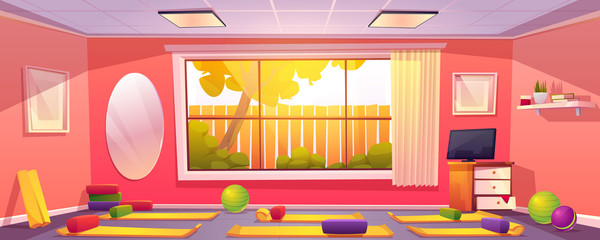 Yoga studio at home, empty gym room with mats, bearing blocks and balls props on floor. Domestic interior with sports fitness and pilates equipment front of wide window. Cartoon vector illustration