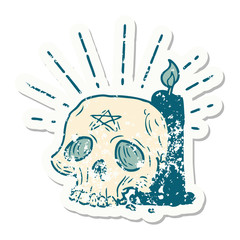 grunge sticker of tattoo style spooky skull and candle