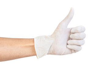 Hand of surgeon in white medical glove showing Ok sign, isolated on a white background