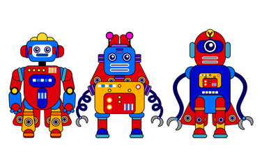 Set of 3 colorful robots on a white background. Cartoon style. Vector illustration. Robot toys. Machine