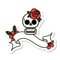 tattoo sticker with banner of a skull and rose
