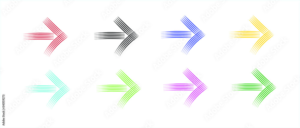 Poster multi colored forward or right pointing pen drawn arrow icon set sketched as vector symbol..