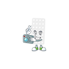 Pills photographer mascot design concept using an expensive camera