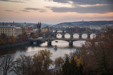 Vltava river and Charles bridge view from the mountain in Prague