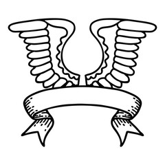 black linework tattoo with banner of a wing