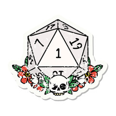 natural one dice roll with floral elements grunge sticker