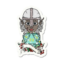 elf fighter character with natural twenty dice roll grunge sticker