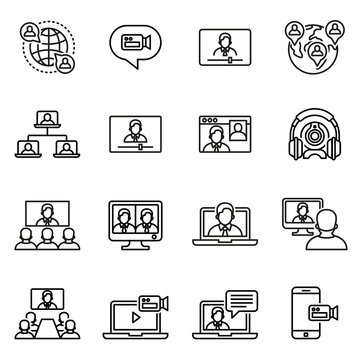 Business communication, Video conference icon set with white background. Thin line style stock vector.