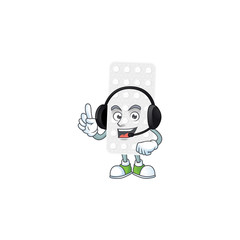 Pills cartoon character style speaking on headphone