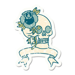 grunge sticker with banner of a skull and rose