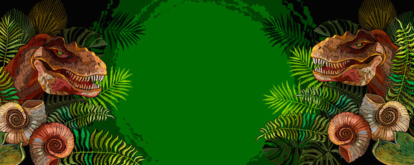 Tyrannosaurus rex head, ammonite fossil and palm leaves. Archeology and paleontology banner. Template for design. Prehistoric life of dinosaurs