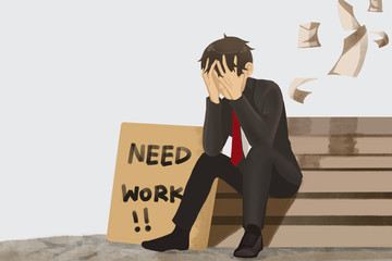 Man unemployed due to the economic downturn and the epidemic of the coronavirus.Business establishments must close and layoff employees. he stress and despair in pressure situations-Stressed Jobless