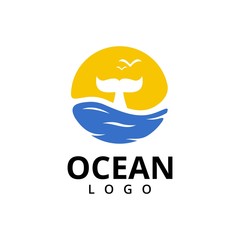 ocean with sunset and whale tail logo vector graphic