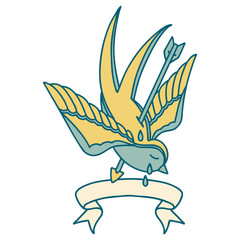 tattoo with banner of a swallow pierced by arrow