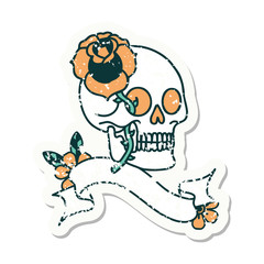 grunge sticker with banner of a skull and rose