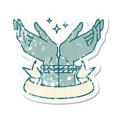 grunge sticker with banner of a pair of tied hands