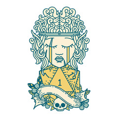 crying elf barbarian character face natural one d20 roll illustration