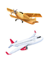Two airplanes isolated on white background. White airliner and yellow light aircraft. Watercolor illustration, hand dawn clipart.