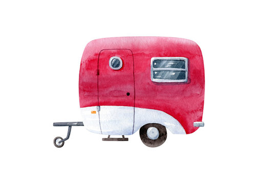 Red Classic Camper Van Isolated On White Background. Retro Trailer, Vintage House On Wheels. Watercolor Illustration, Hand Dawn Clipart.