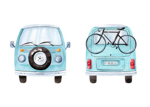 Vintage blue minivan isolated on white background, front view with stepney. Back view of the car with bicycle. Watercolor illustration, hand dawn clipart.