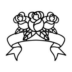 black linework tattoo with banner of a bouquet of flowers