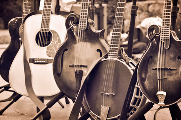 Acoustic folk and bluegrass instruments on Instrument Stands. Guitar, banjo, mandolin, bass...