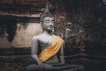 Statue of Buddha at the Ayutthaya Historical Park showing the religion, local thai culture and...