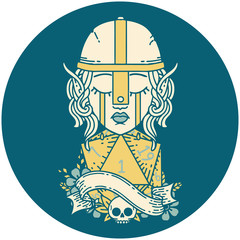 crying elf fighter character face with natural one D20 roll illustration