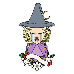 crying elf mage character face with natural one D20 roll illustration