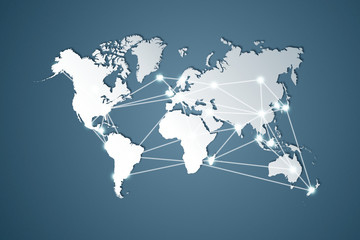 World map white colour with shadow and  connection line point on blue gradient background illustration.