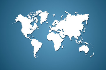 Fototapeta na wymiar World map white colour with shadow on blue gradient background illustration.