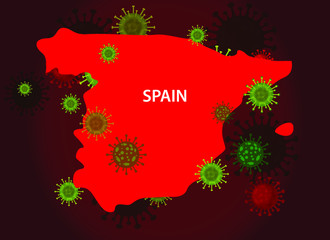 Spain map with covid-19 virus concept. Coronavirus is spread to all over the world and infected to countries. Vector illustration of red map design with influenza virus. Covid 19 Spain map.