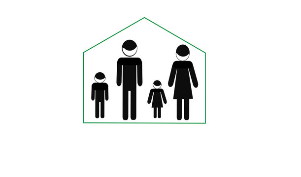 Covid-19 coronavirus self-isolation quarantine campaign at home. Stick figure the family wears a medical face mask.