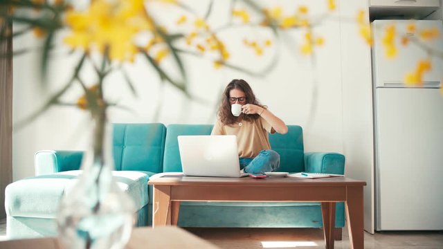 A young woman remote employee in glasses working from home with a laptop on a couch in a living room. Freelancer during self-isolation and quarantine