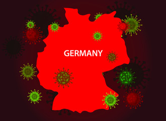 Germany map with covid-19 virus concept. CoronGermanyavirus is spread to all over the world and infected to countries. Vector illustration of red map design with influenza virus. Covid 19 Germany map.