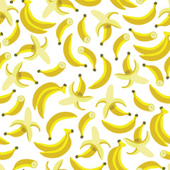 Vector yellow peeled banana seamless pattern background on white surface