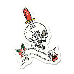grunge sticker with banner of a skull and dagger