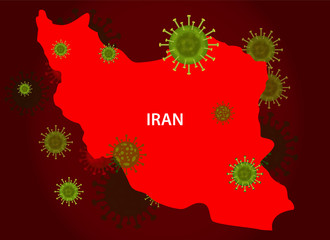 Iran map with covid-19 virus concept. Coronavirus is spread to all over the world and infected to countries. Vector illustration of red map design with influenza virus. Covid 19 Iran map.