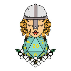 human fighter with natural 20 D20 dice roll illustration