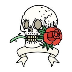 tattoo with banner of a skull and rose