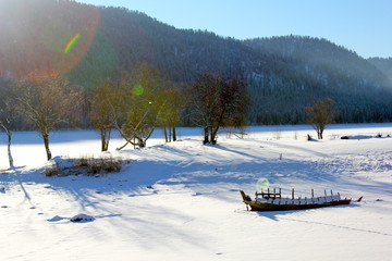 Abandoned boat on lake Teletskoye