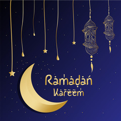 Basic RGBRamadan Kareem greeting crescent islamic symbol with hanging lantern paper art cutout