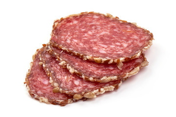 Italian salami sausage, isolated on white background