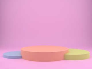 3d rendering studio with geometric shapes, podium on the floor. Platforms for product presentation, mock up background.