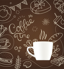 Coffee mug with doodling elements. Cafe menu desing vector template