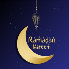 Ramadan Kareem greeting crescent islamic symbol with hanging lantern paper art cutout