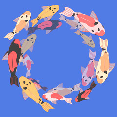 illustration with a school of multi-colored koi carps on blue background